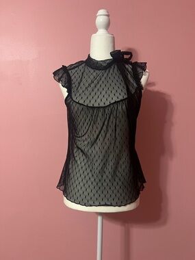 Lily White Black Sheer Swiss Dot Tie-Neck Blouse